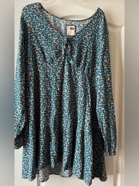 SO Teal and Navy Floral Long-Sleeve Peasant Tunic